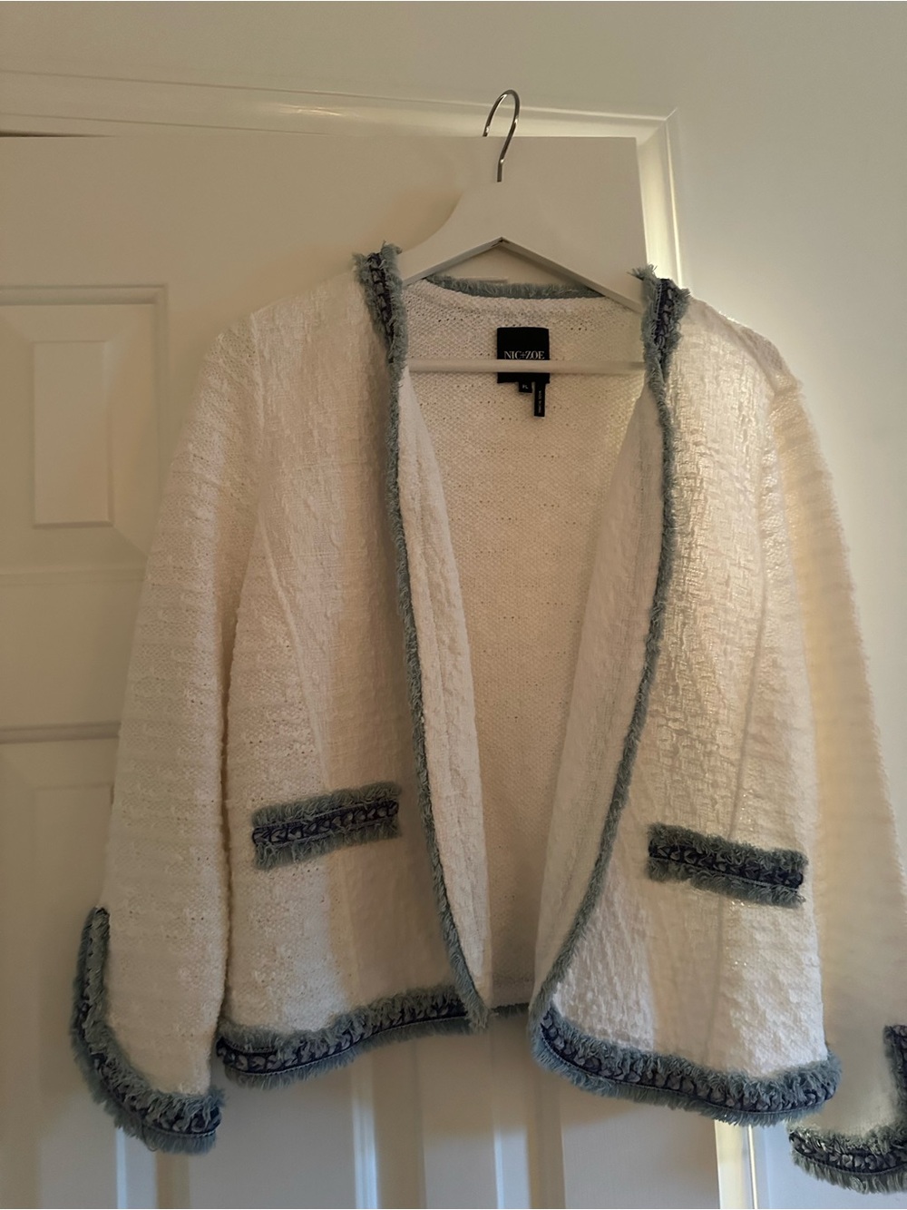 Nic + Zoe Cream Open-Front Jacket with Blue Trim